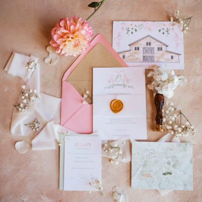 pink watercolor wedding invitation suite
