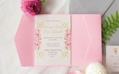 silver and pink pocket wedding invitations pink watercolor floral