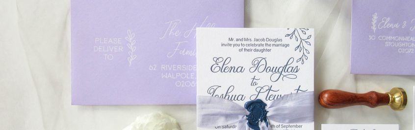 lavender and navy letterpress wedding suite