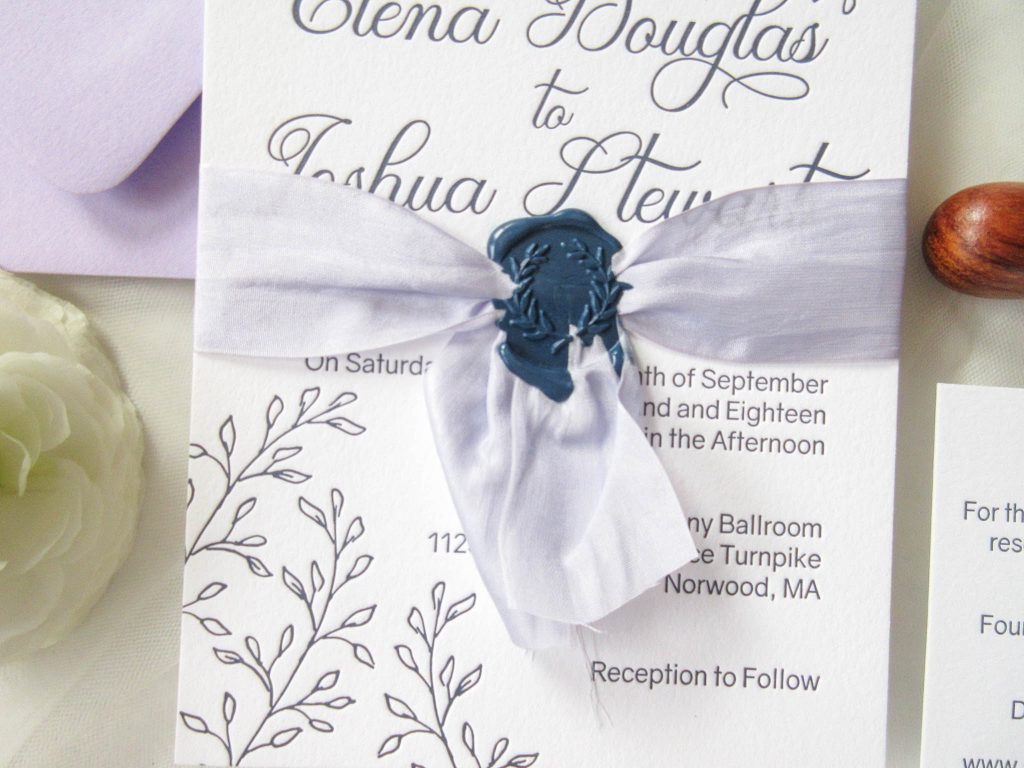 lavender and navy letterpress wedding suite