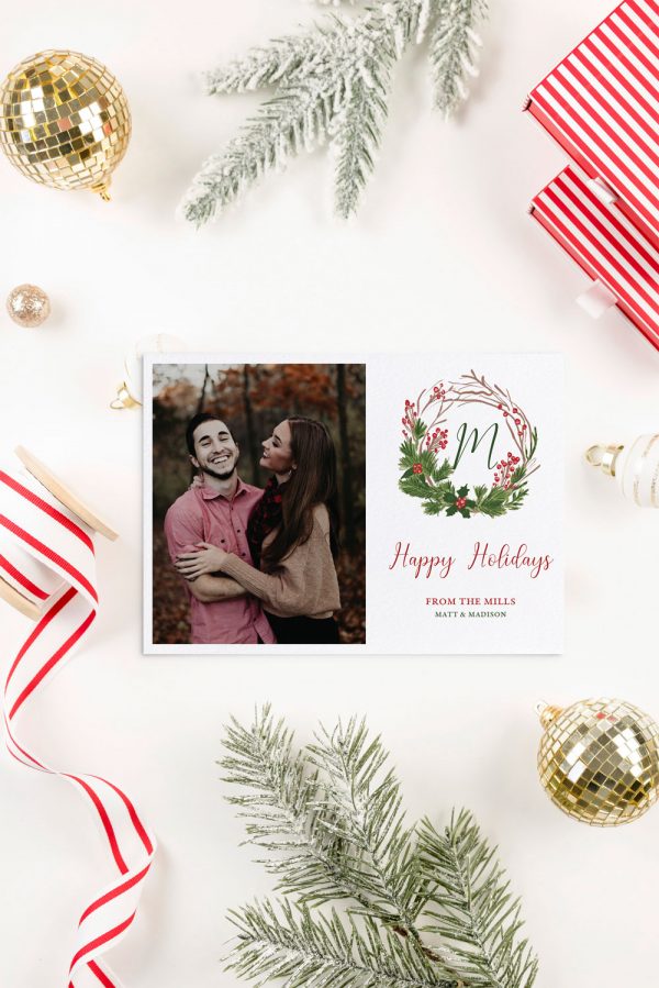 christmas wreath holiday photo card with initial