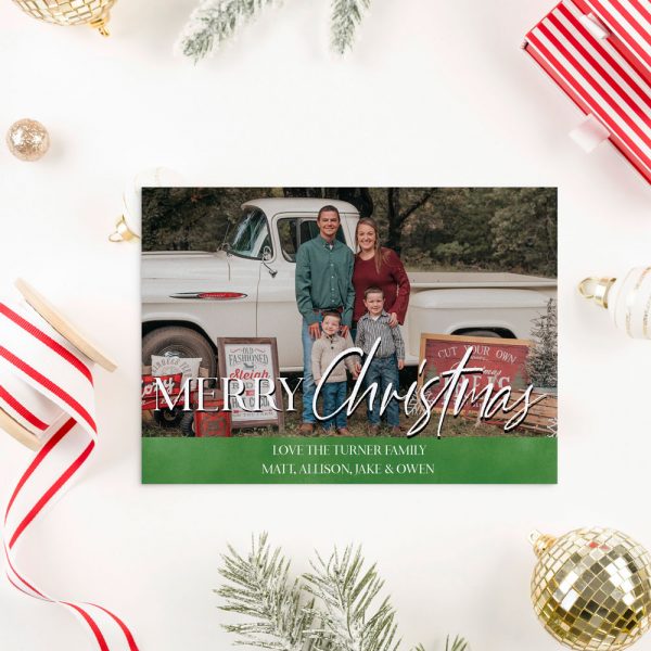 photo holiday card with green and merry christmas