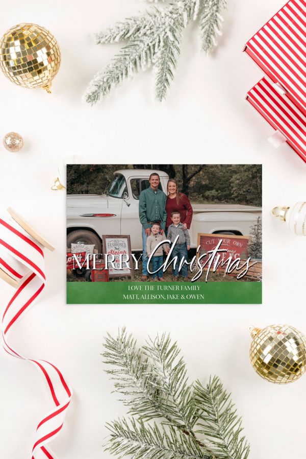 photo holiday card with green and merry christmas