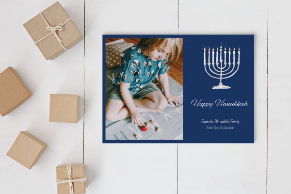 navy blue hanukkah photo holiday card with menorah