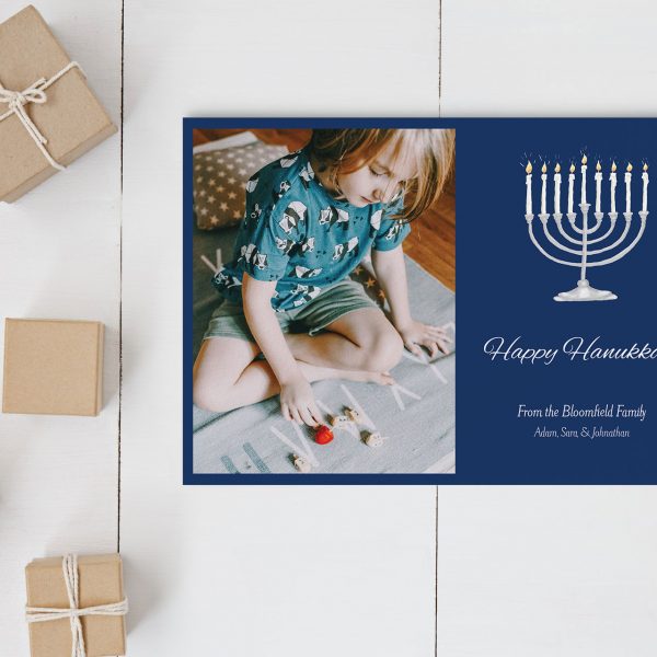 navy blue hanukkah photo holiday card with menorah