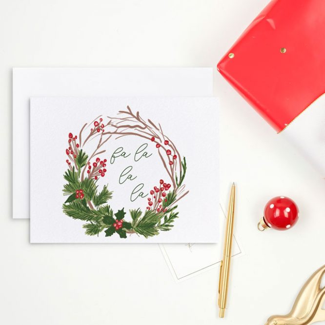 wreath fa la la la folded blank holiday card
