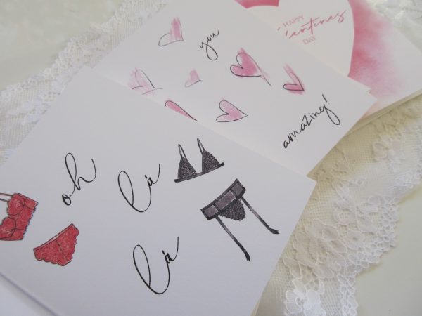 3 valentines day cards lingerie card watercolor heart you are amazing close up