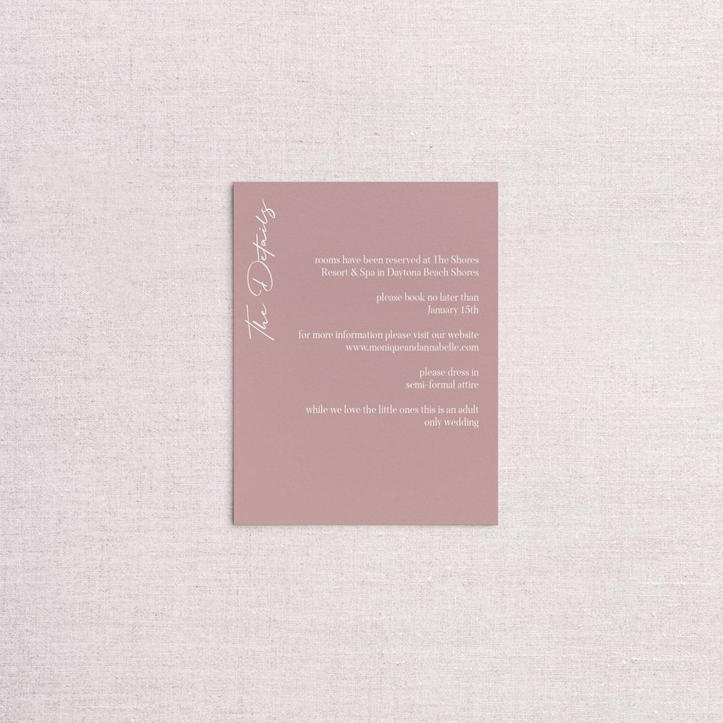 Modern simple minimalist wedding invitation detail card dusty rose