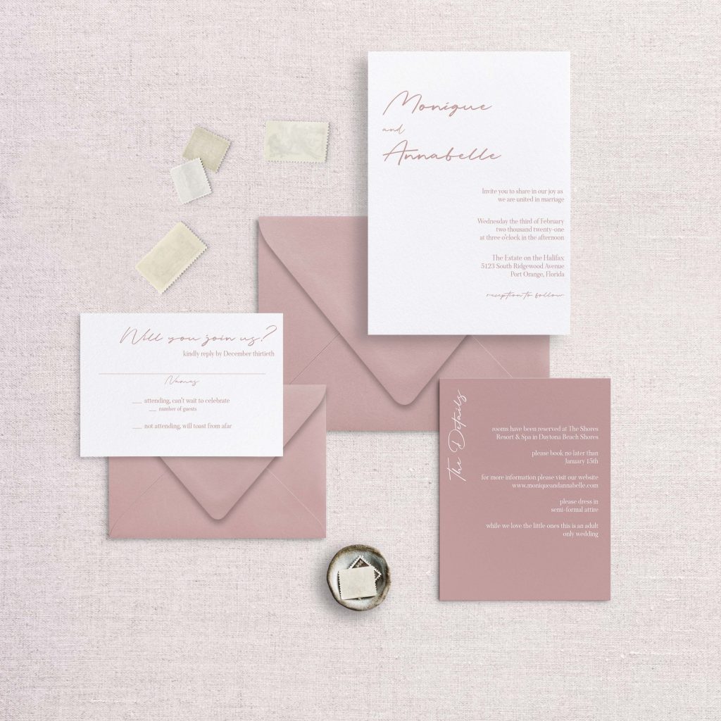 Modern simple minimalist wedding invitation dusty rose