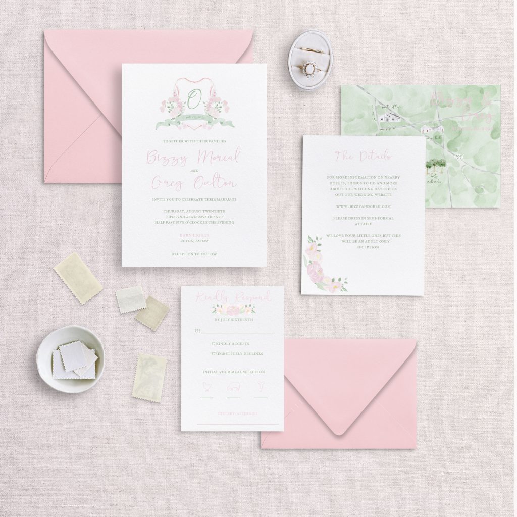 watercolor wedding crest wedding invitations rsvp and detail card pink and green