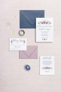 sketchy florals wedding invitations blue and pink