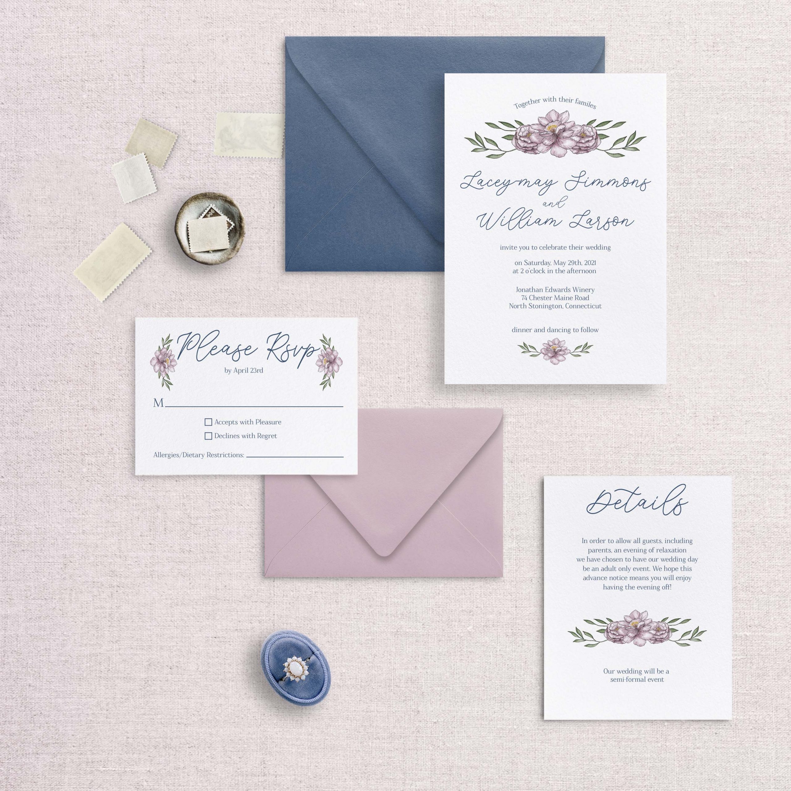 Dusty Rose Floral Wedding Invitation Envelope Liners - Cotton