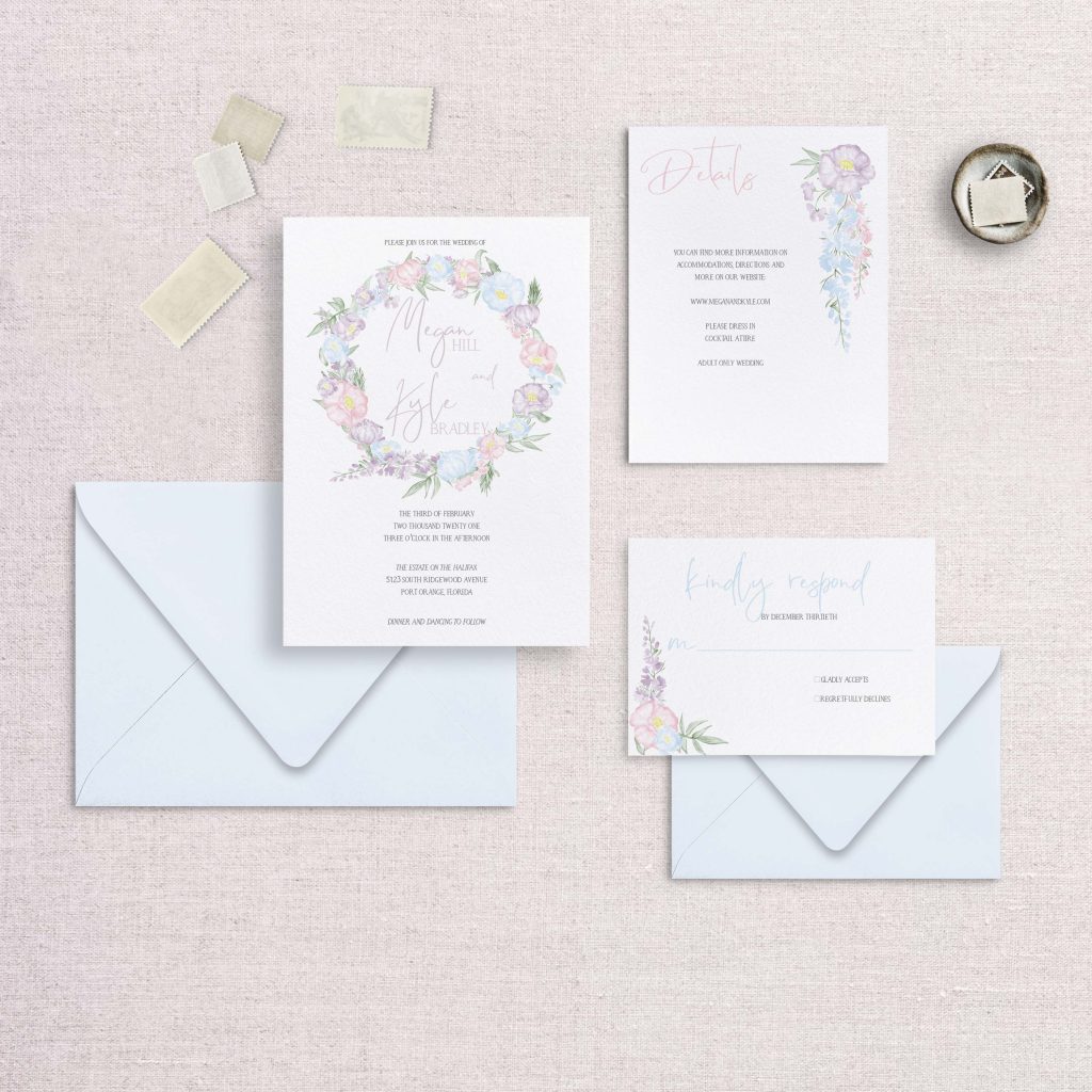 Watercolor Floral wreath pastel floral wedding invitations