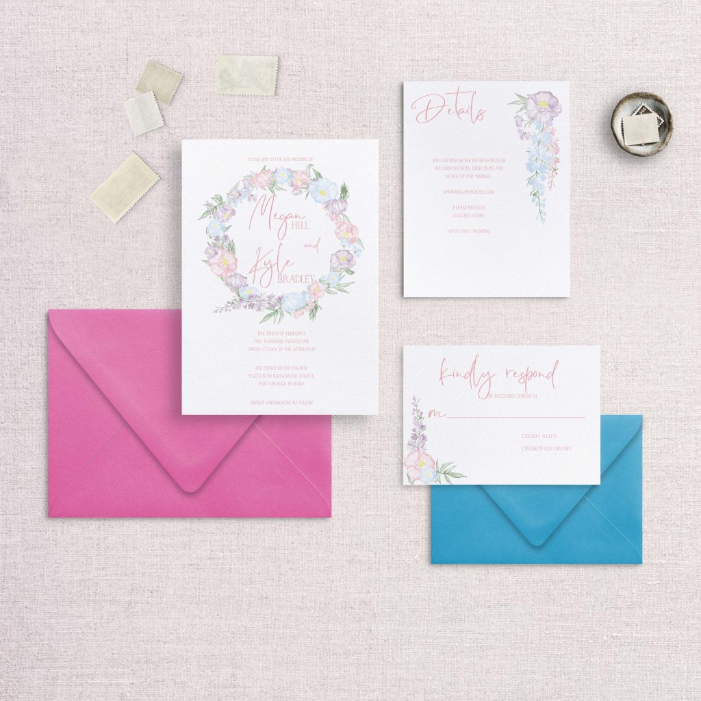 Watercolor Floral wreath pastel floral wedding invitations