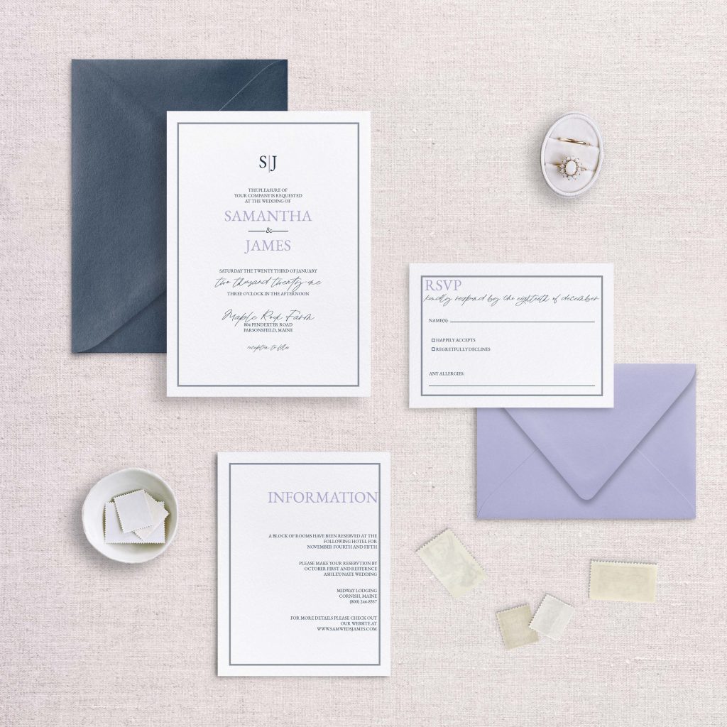 simple monogram wedding invitation navy and lavendar