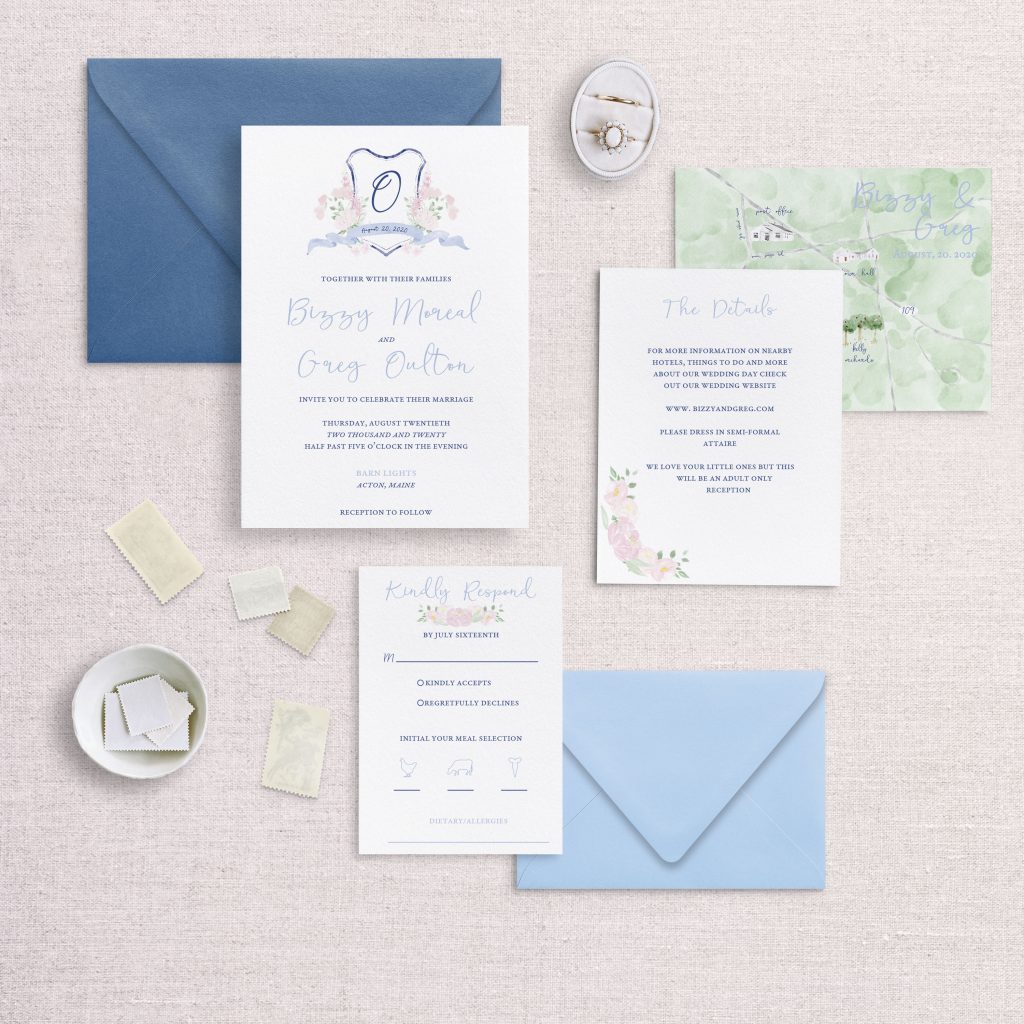 Light Powder Blue Romantic Monogram Crest Wedding Invitation