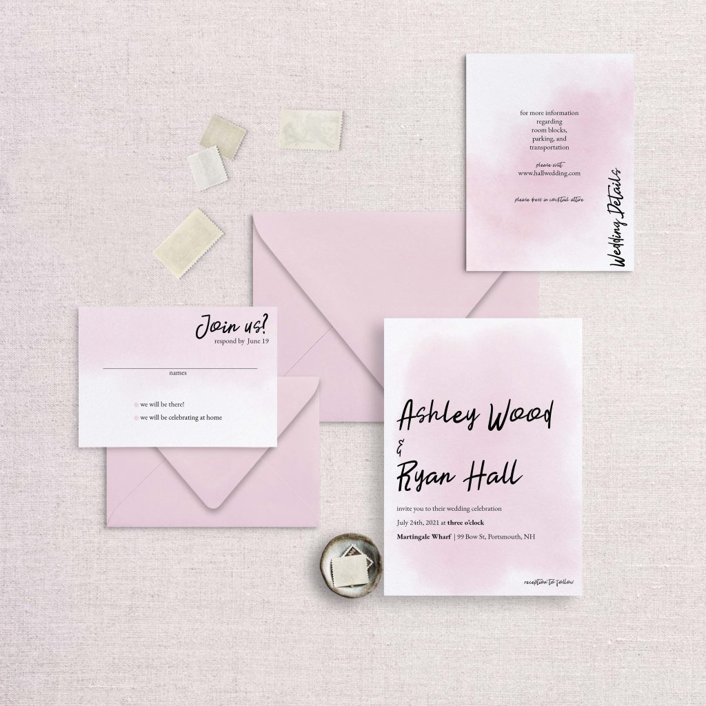 watercolor splash wedding invitation pink