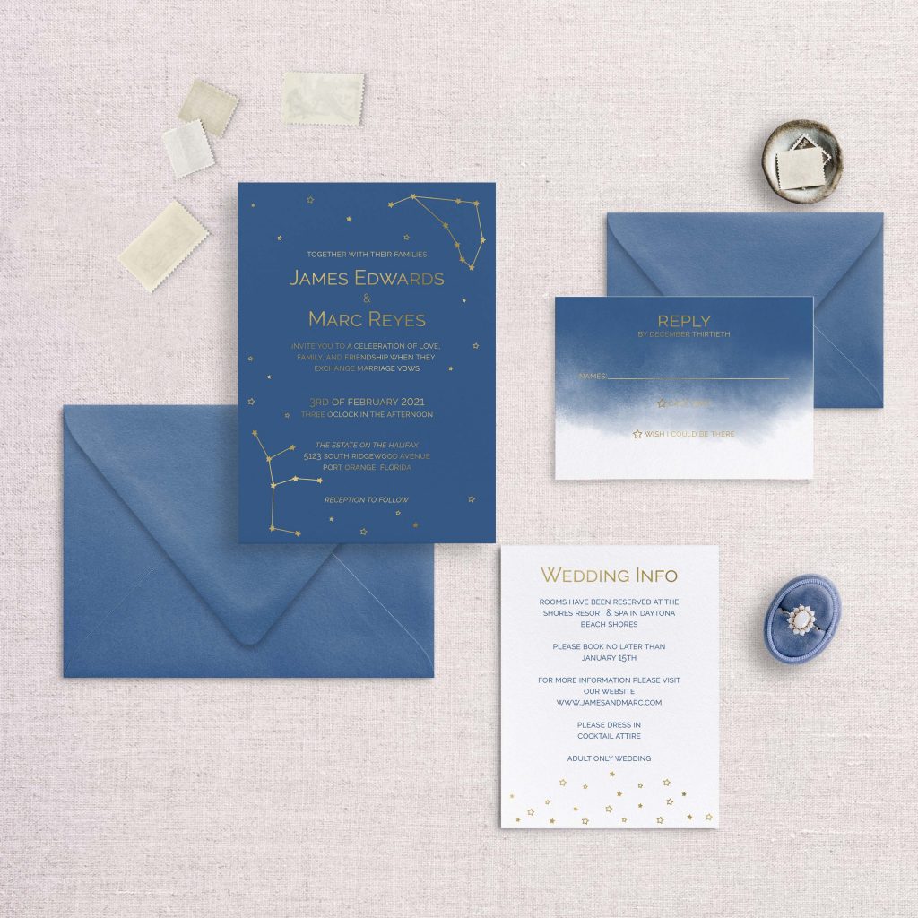 zodiac wedding invitations navy and foil