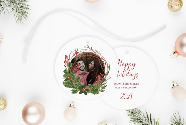 happy holidays wreath photo ornament carc