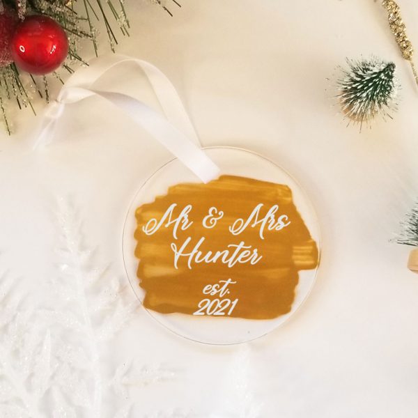 clear acrylic ornament with mr and mrs and wedding year