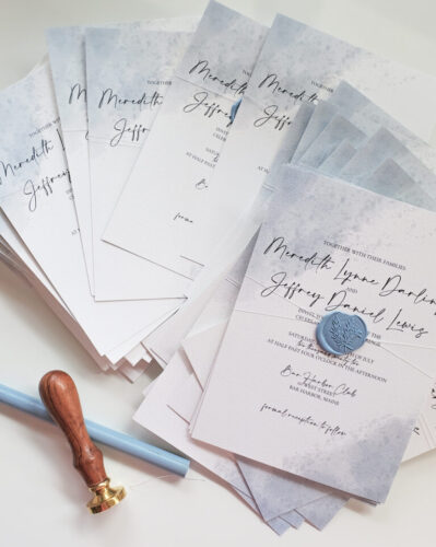 watercolor blue invitation with wax seal
