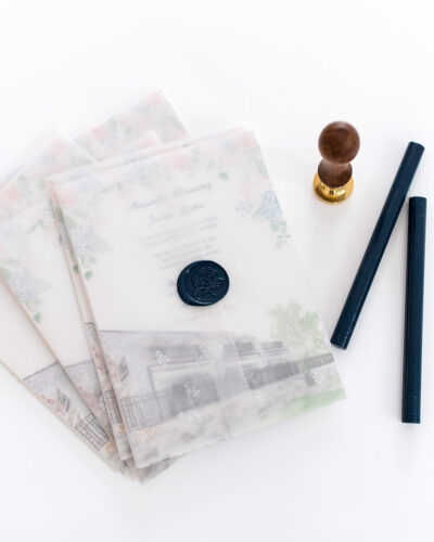 custom venue illustration invitation with vellum wrap and navy wax seal