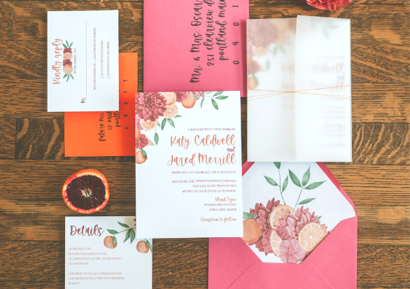 citrus wedding invitations bright pink and orange