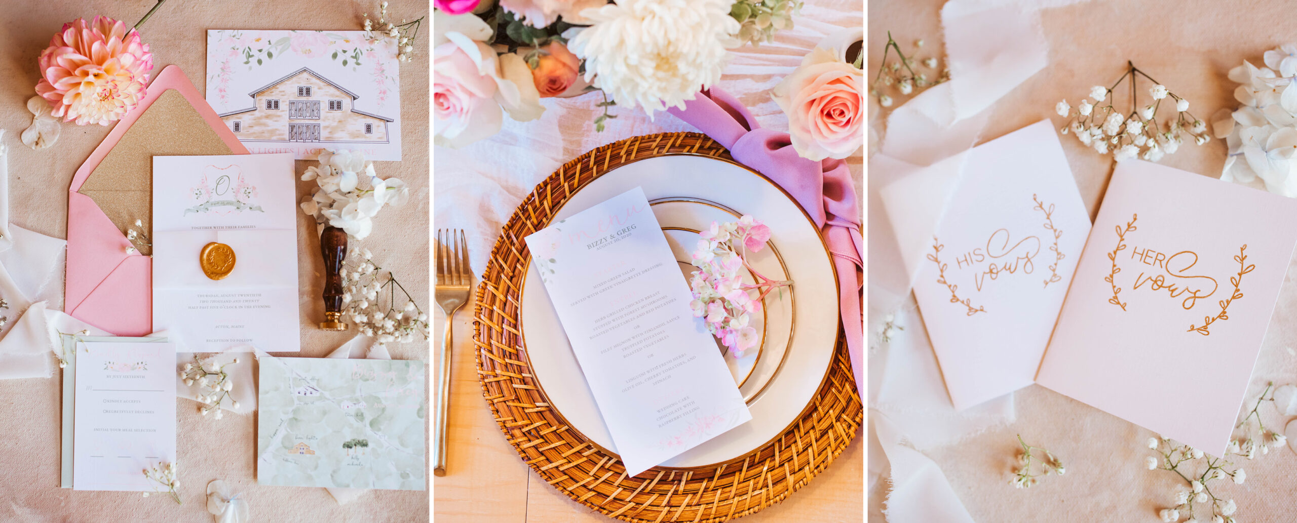 modern pink and gold wedding invitation and menus and vow books