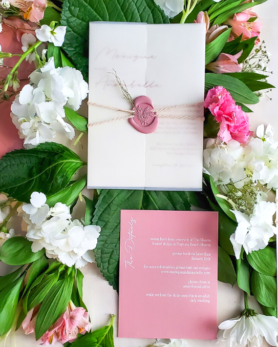pink boho invitation with macramé and dried floral in wax seal