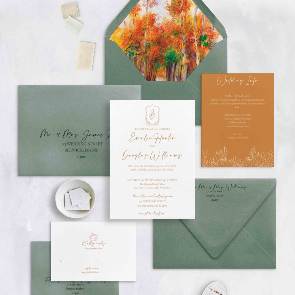pumpkin autumn invitation envelope liner detail and rsvp card green and burnt orange
