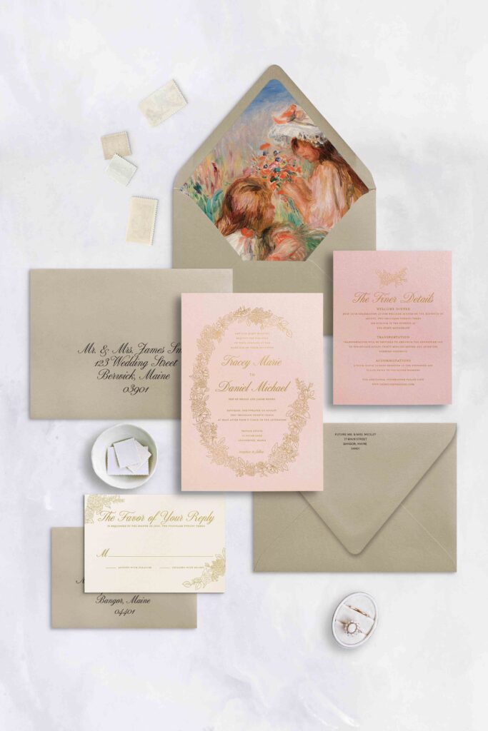 Line drawn invitation with florals, fine detail, and envelope liner gold foil pink paper