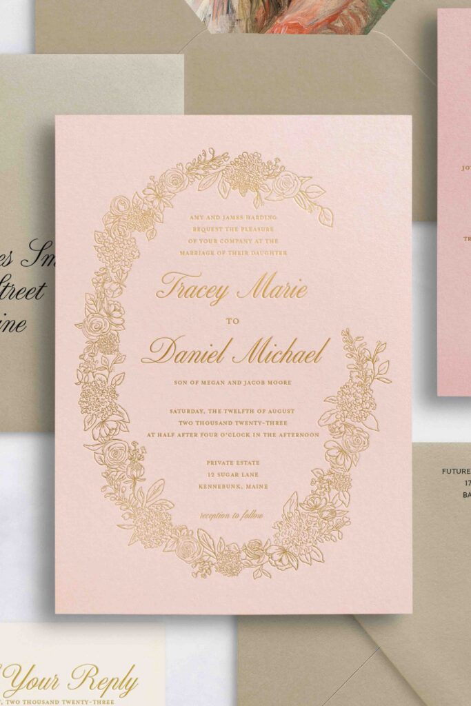 Line drawn invitation with florals, invitation pink paper gold foil