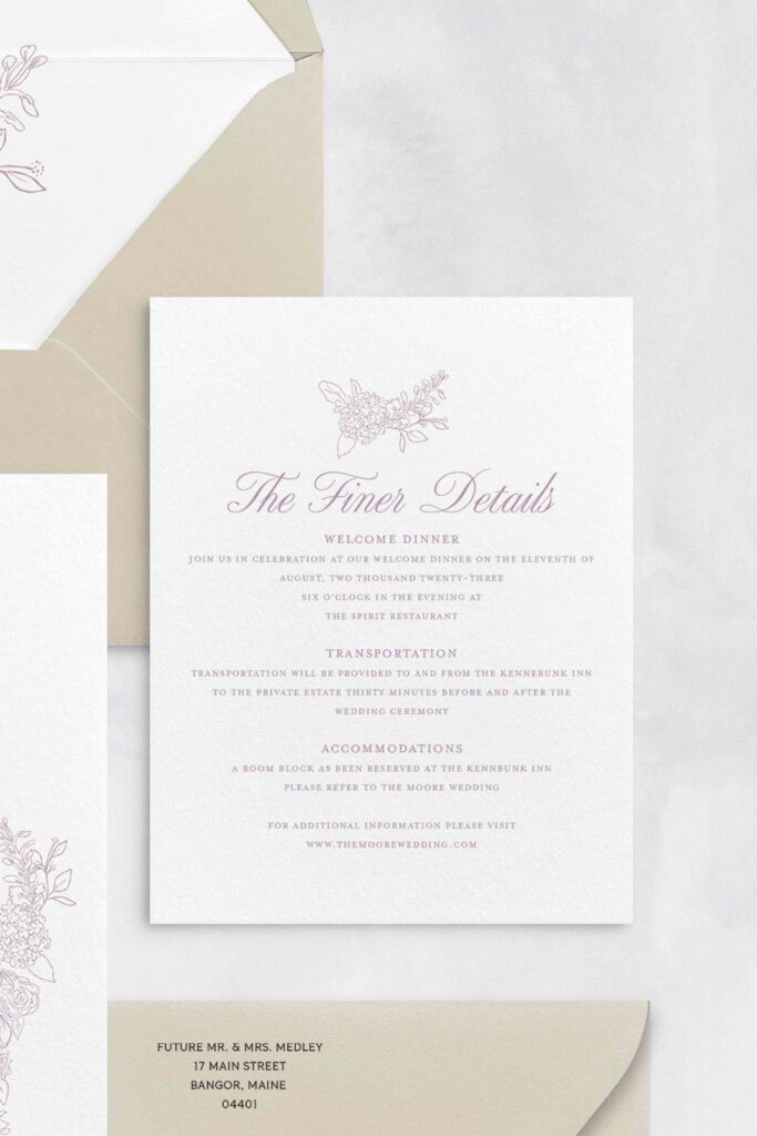Line drawn invitation with florals, fine detail card