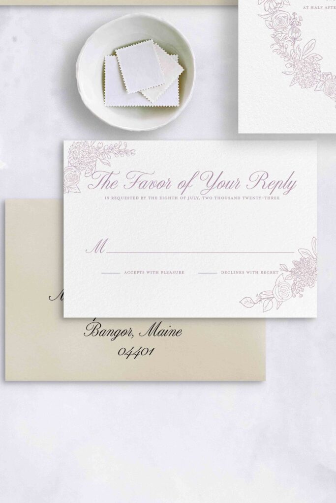 Line drawn invitation with florals, response card wedding invitation