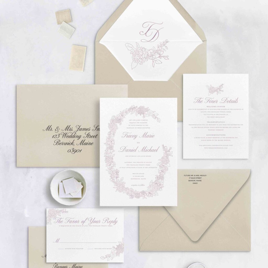 romantic and fine art invitation suite with reply card detail card envelope liner