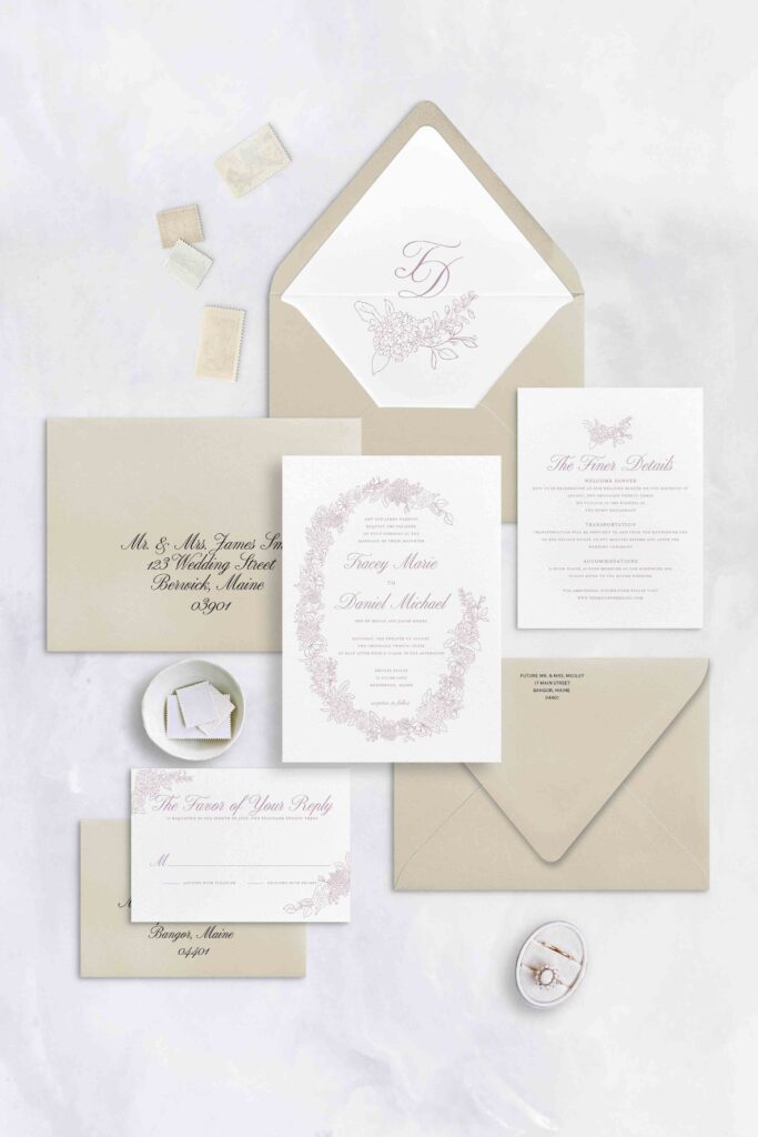 Line drawn invitation with florals, fine detail, and envelope liner