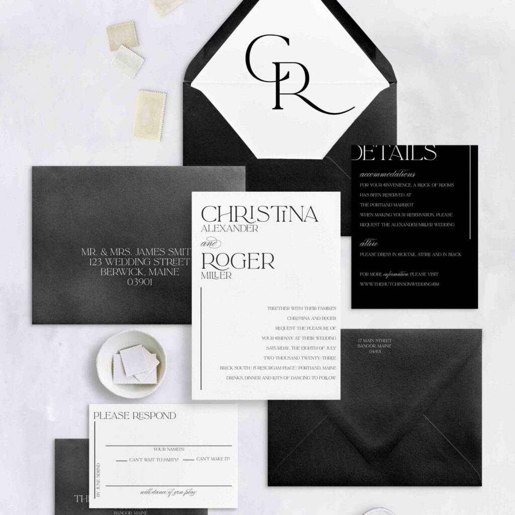 modern industrial black tie wedding invitation suite
