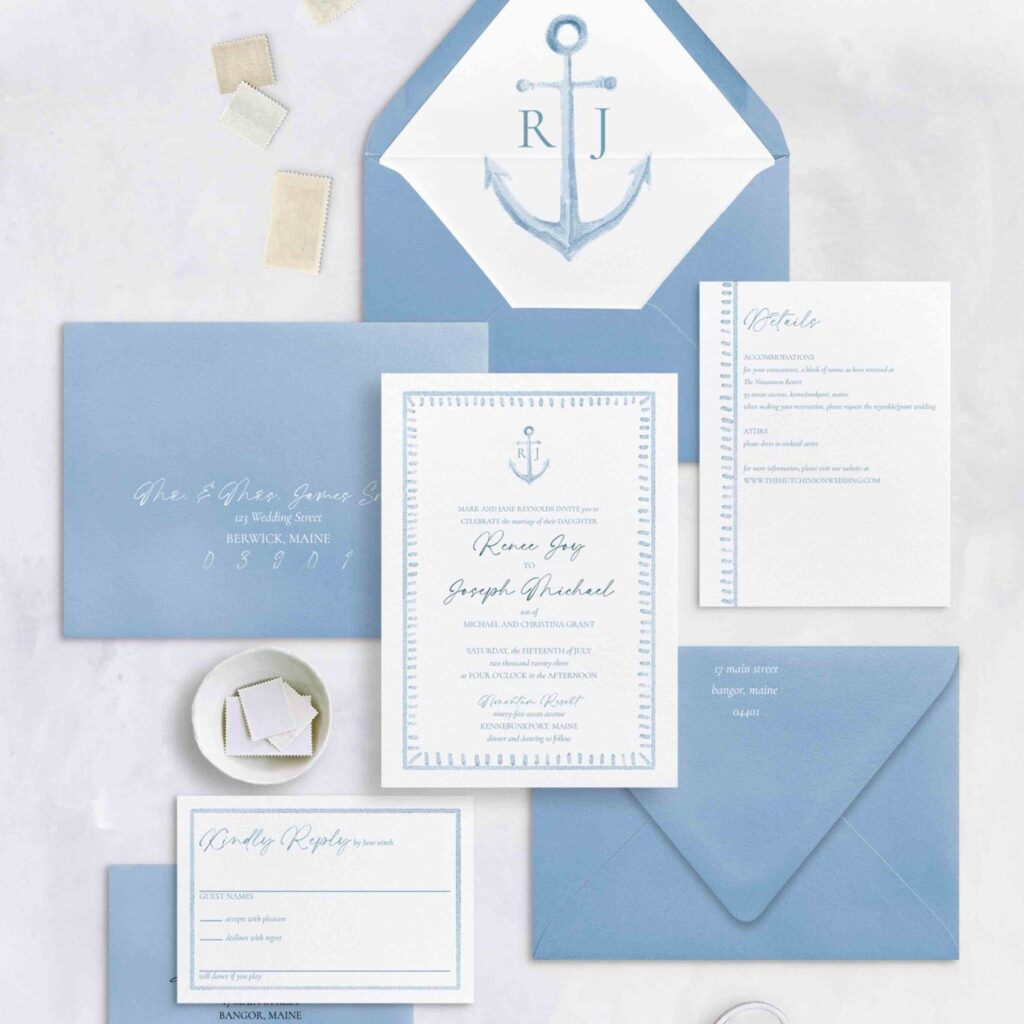 nautical wedding invitation with watercolor anchor and monogram