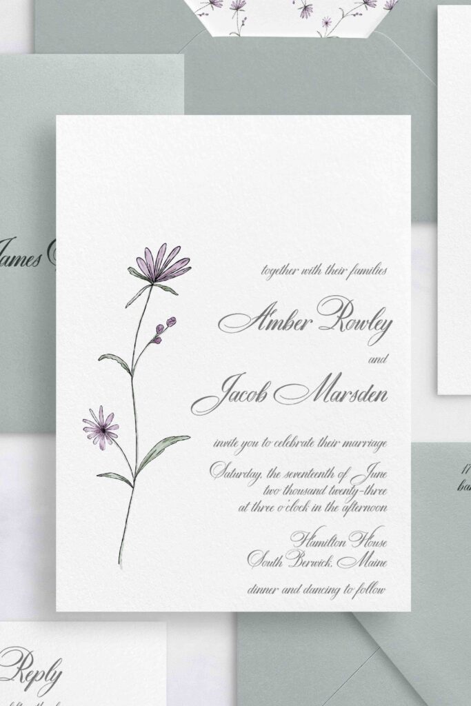 Simple floral watercolor invitation with a single flower and traditional script