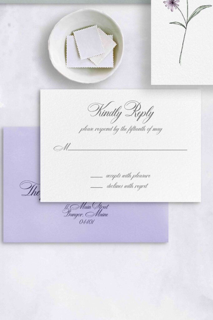 watercolor flower reply card purple and grey