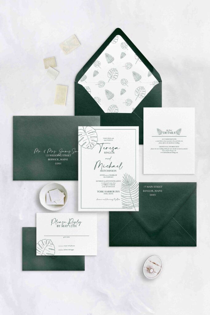 Elegant tropical wedding invitation with fine line art and a classic vibe.