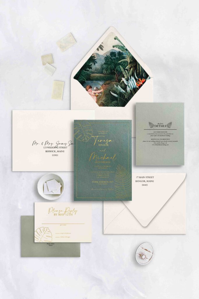 Elegant tropical invitation with fine line art and gold foil