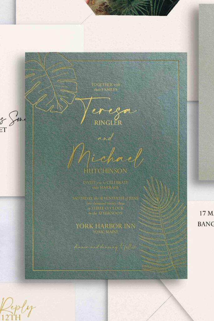 Elegant tropical invitation with fine line art and a classic vibe.