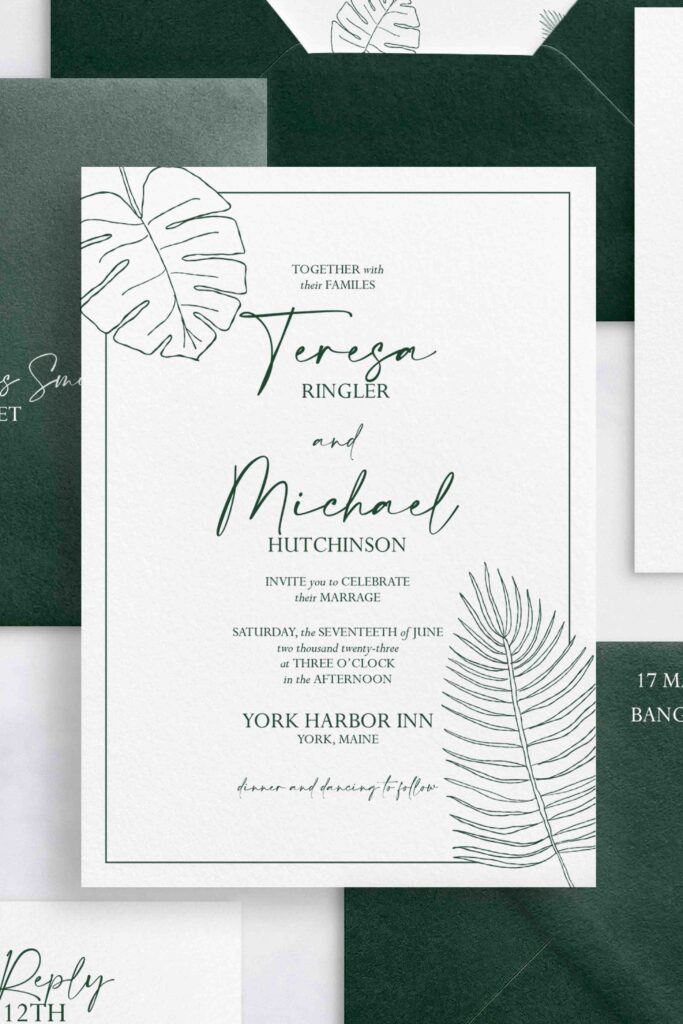 Elegant tropical invitation with fine line art and a classic vibe.