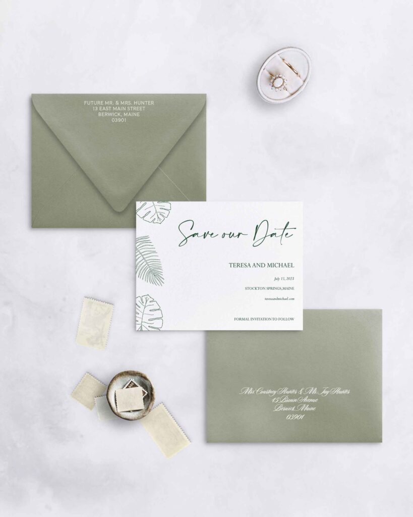 Tropical Green Save the Date with palm leaves