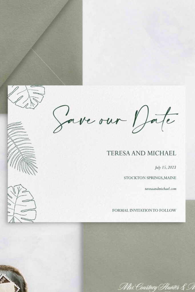 Tropical Green Save the Date with palm leaves