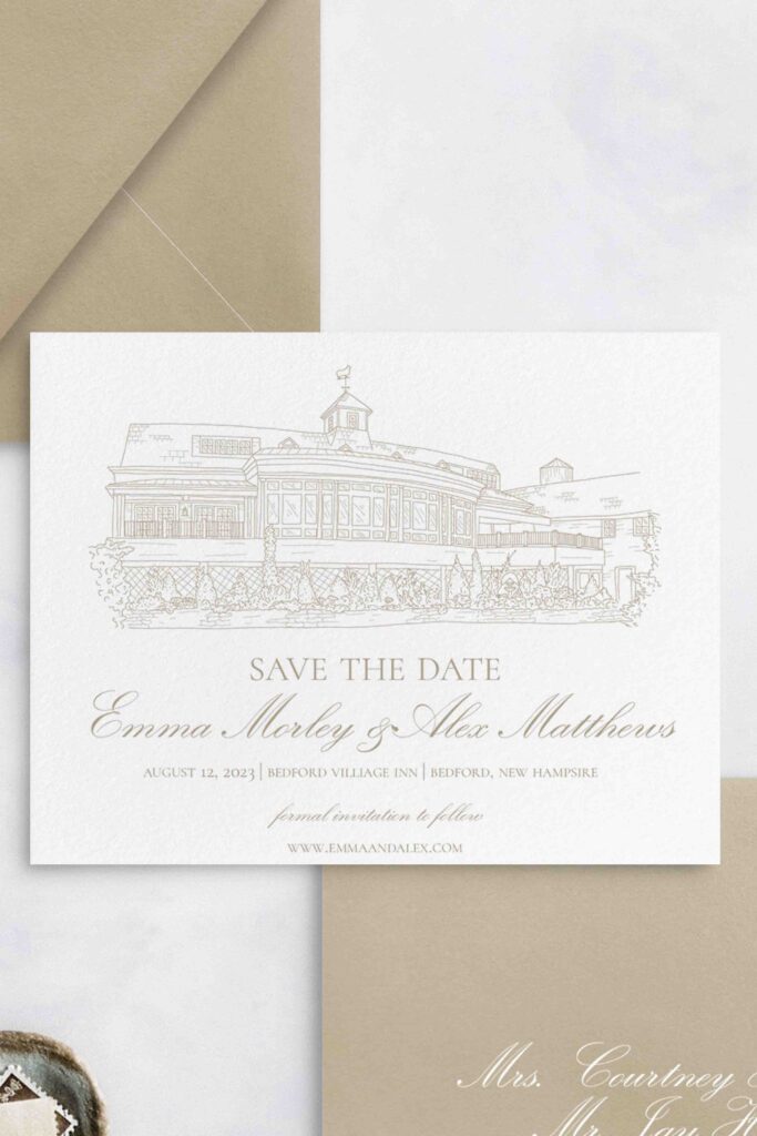 Venue Illustration save the date with classic neutral colors and elegant design.