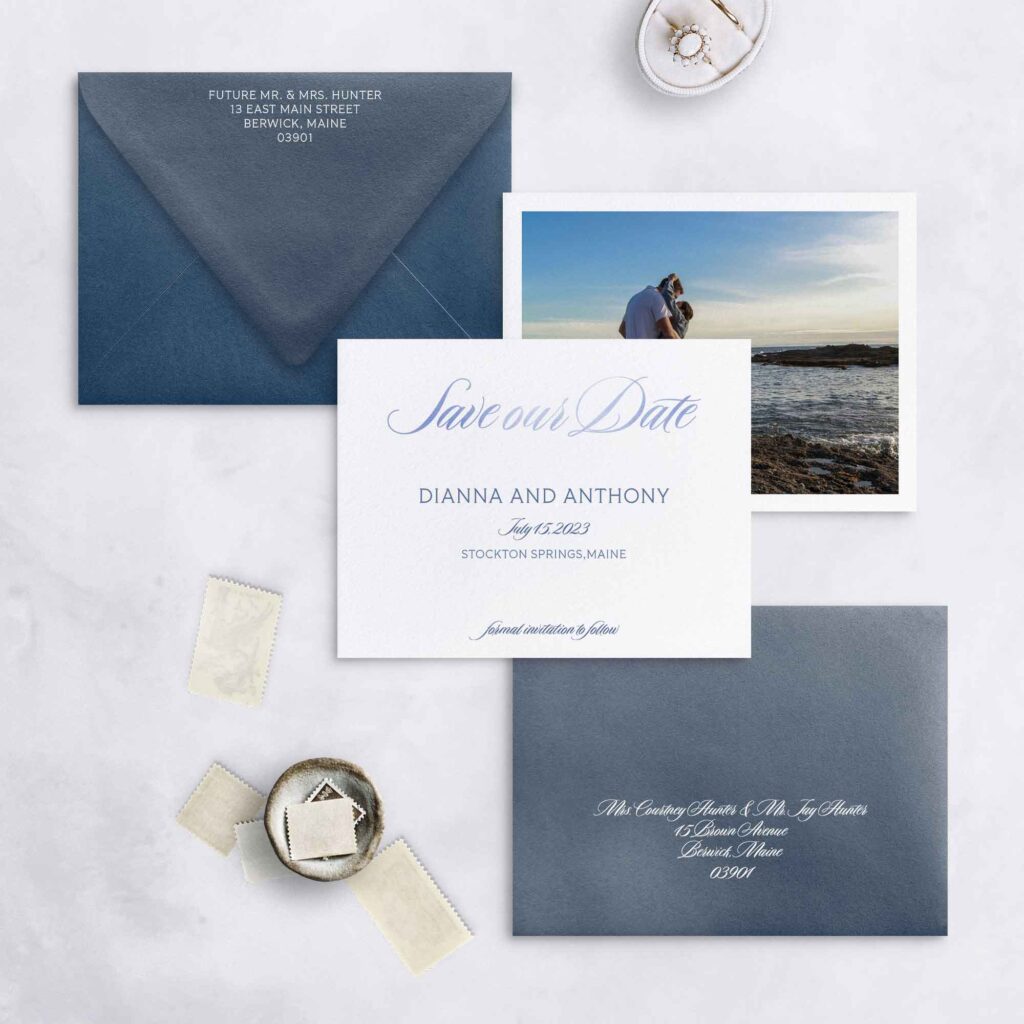beach wedding save the dates with watercolor and blue