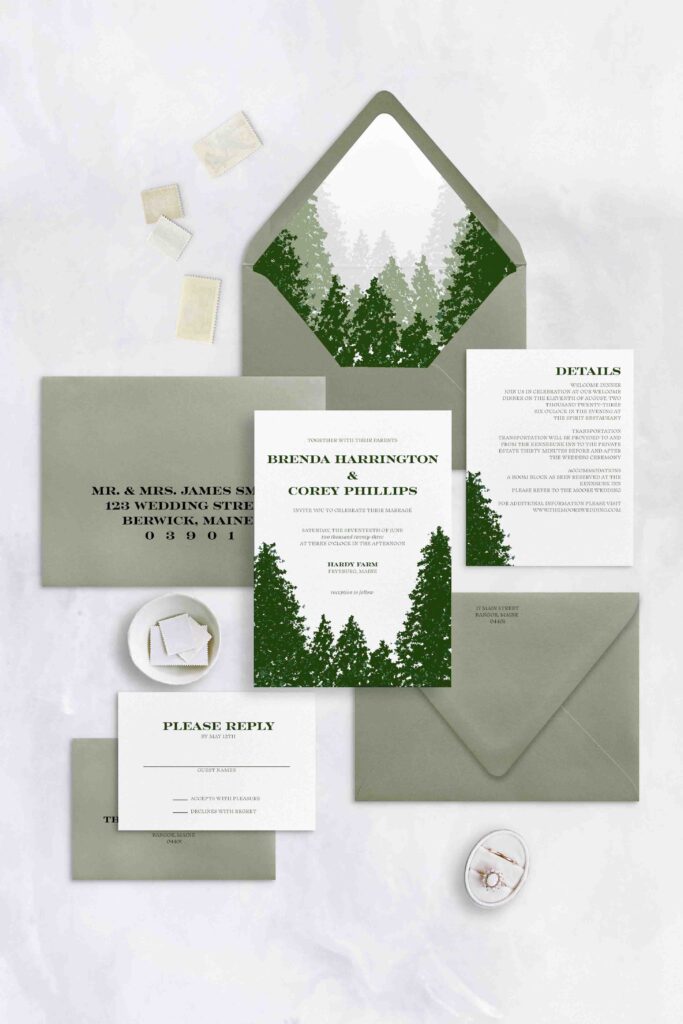 Woodland green forest invitation with hunter green trees 