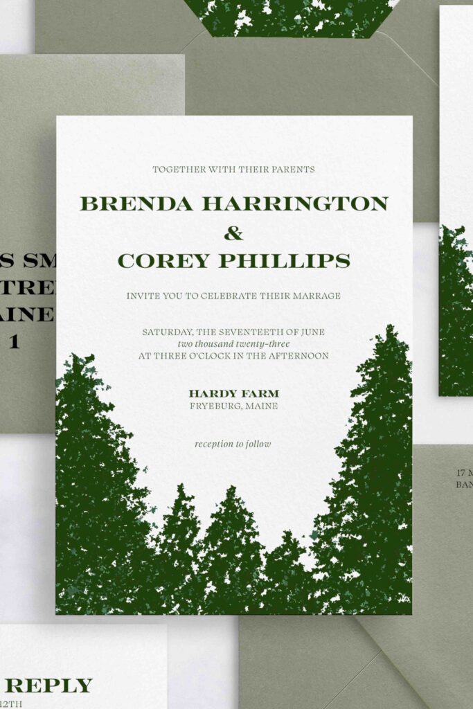 Woodland green forest invitation with hunter green trees 